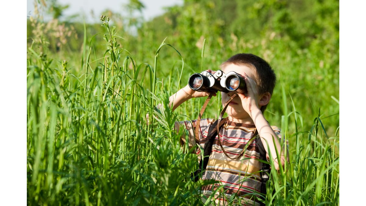 Kid watching birds with a binoculars